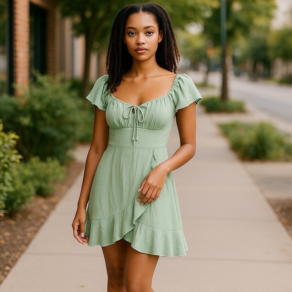 Y2K Dress L Sage Green Floral Babydoll Milkmaid Cottagecore Fairycore Mini Slip